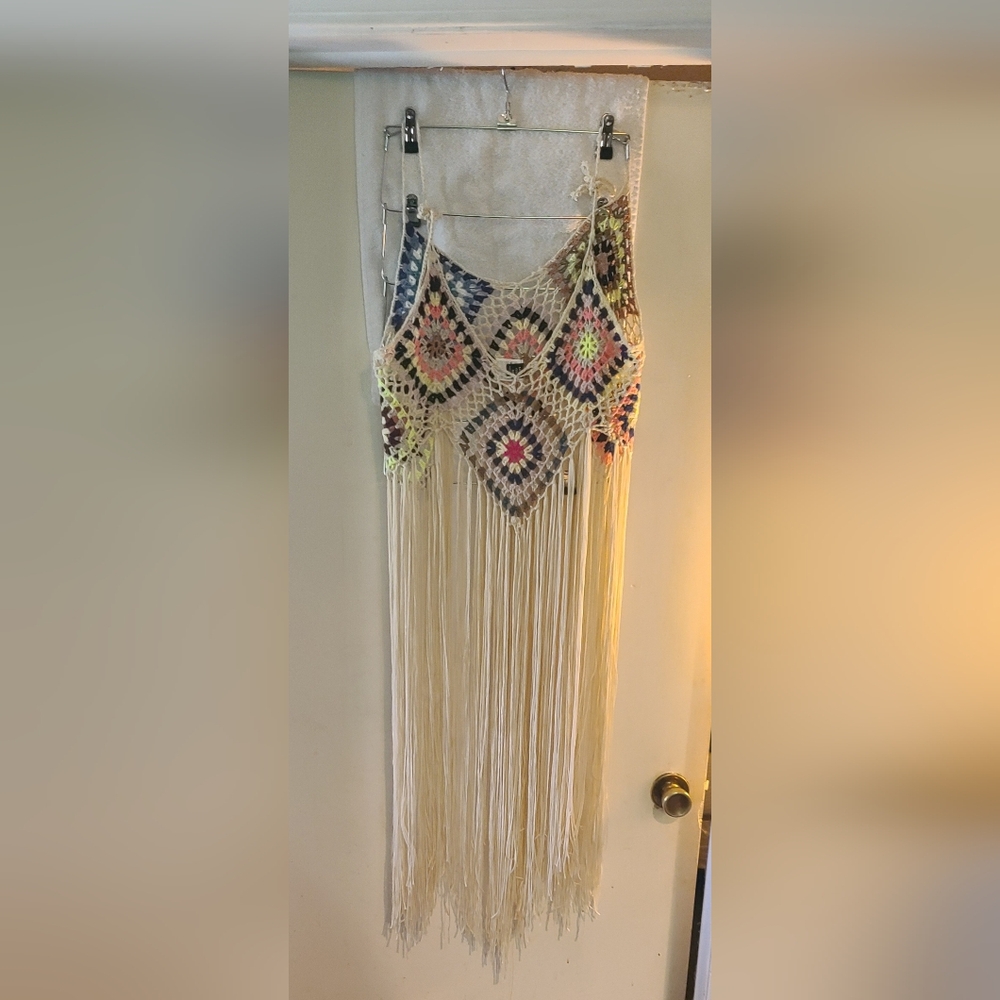 Multicolor Crochet Diamond with Cream Fringe Cover up